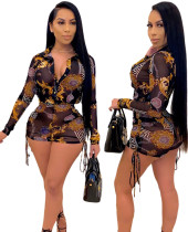 Spring Gold and Black Retro Print Sexy Blouse and Shorts Matching Set