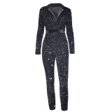 Formal Black Sequins Long Sleeve Deep-V Jumpsuit