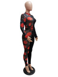 Party Sexy Mesh Patch Floral Bodycon Jumpsuit with Full Sleeves