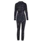 Formal Black Sequins Long Sleeve Deep-V Jumpsuit