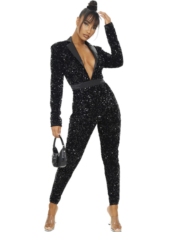 Formal Black Sequins Long Sleeve Deep-V Jumpsuit