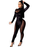 Party Sexy Long Sleeve Mesh Patch Velvet Bodycon Jumpsuit