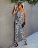 Summer Casual Leopard Print Slit Bottom Strap Jumpsuit