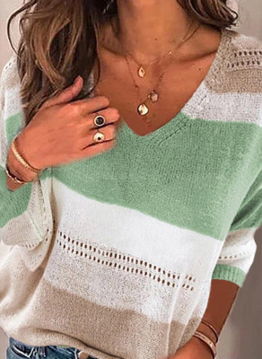 Spring Long Sleeve V-Neck Contrast Loose Sweater