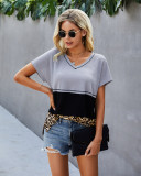 Summer Contrast V-Neck Side Slit Leopard Shirt