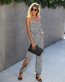 Summer Casual Leopard Print Slit Bottom Strap Jumpsuit