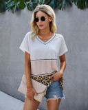 Summer Contrast V-Neck Side Slit Leopard Shirt