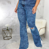 Plus Size Blue Tie Dye Slit Hem High Waisted Jeans