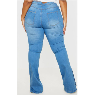 Plus Size Washed Blue Slit Hem High Waisted Jeans