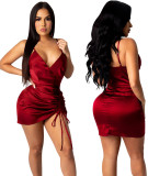 Party Sexy Strap Wrapped Satin Ruched Strings Mini Dress