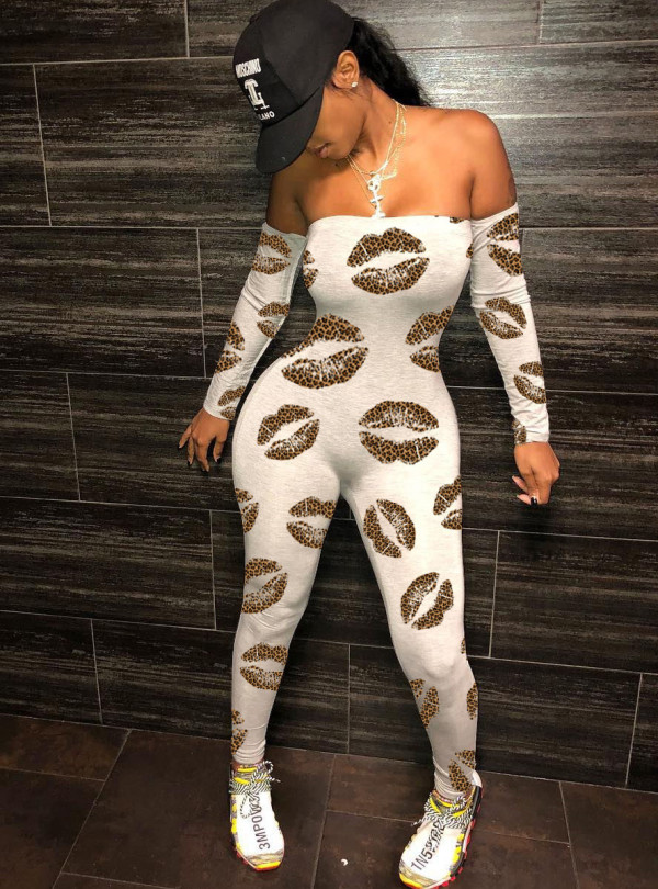 Party Print Long Sleeve Strapless Bodycon Jumpsuit