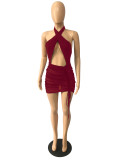 Solid Color Sexy Halter Twisted Strings Ruch Club Dress