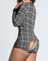 Plaid Print Long Sleeve Lounge Rompers with Patch Butt