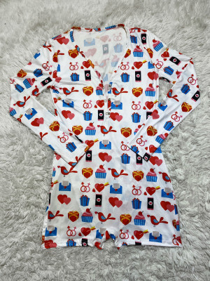 Cute Print Long Sleeve Lounge Rompers with Patch Butt