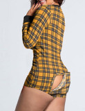 Plaid Print Long Sleeve Lounge Rompers with Patch Butt