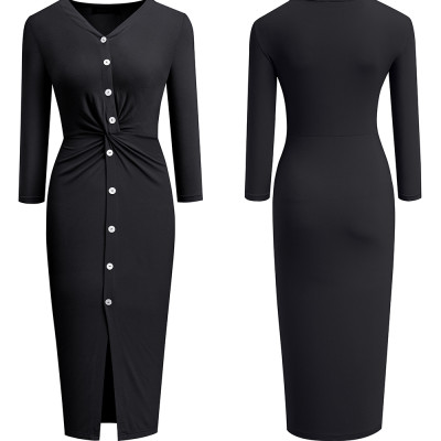 Solid Color Elegant V-Neck Pencil Dress with 3/4 Sleeves