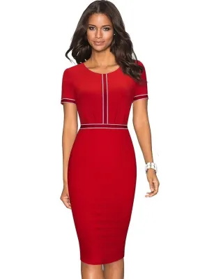 Solid Color Short Sleeve O-Neck Retro Pencil Dress