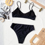 2PC Black Simple Middle Waist Strap Swimwear