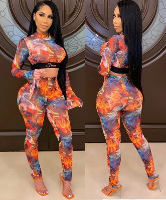 Colorful Print Sexy 2PC Bodycon Crop Set with Wide Sleeve Cuffs