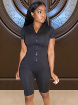Sports Fitness Black Short Sleeve Front Zipped Rompers
