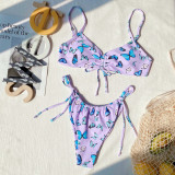 2PC Purple Butterfly Strings Thong Swimwear