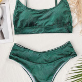 2PC Green Simple Middle Waist Strap Swimwear