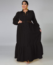 Plus Size Black Hollow Out Long Dress with Full Sleeves