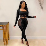 Sexy Lace-Up Mesh and Velvet Patch 2PC Bodycon Crop Set