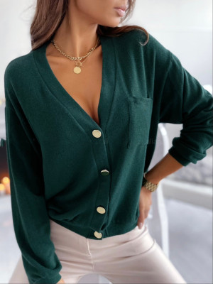 Casual Long Sleeve V-Neck Button Up Knit Top