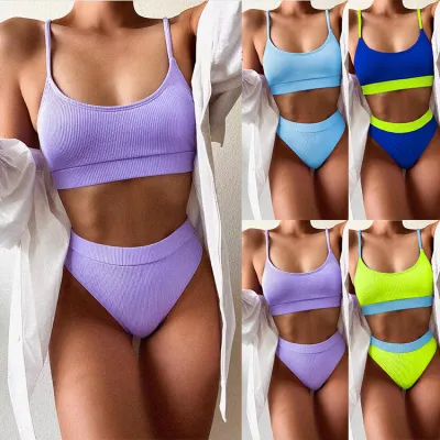 Two Piece Simple Contrast Color High Waist Swimwear