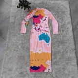 Party Long Sleeve Map Print Midi Dress