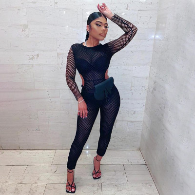 Sexy Fishnet Cut Out Bodycon Jumpsuit with Full Sleeves