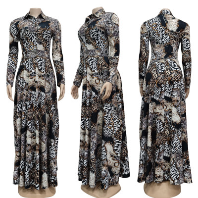 Long Sleeve Sexy Deep-V Formal Leopard Long Maxi Dress