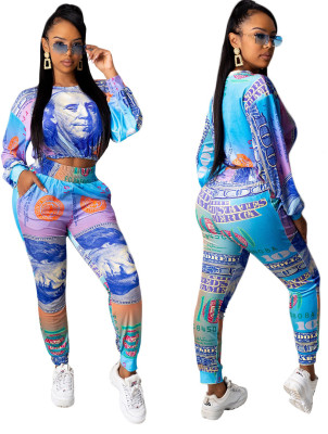 Two Piece Print Money Crop Top and Pants Matching Set