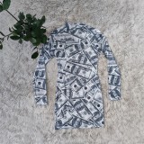 Party Sexy Print Money Bodycon Dress with Full Sleeves