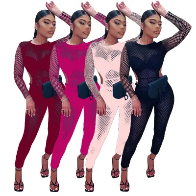 Sexy Fishnet Cut Out Bodycon Jumpsuit with Full Sleeves