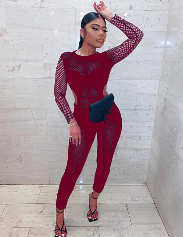 Sexy Fishnet Cut Out Bodycon Jumpsuit with Full Sleeves