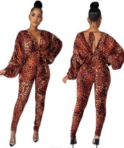 Party Sexy Deep-V Leopard Formal Jumpsuit with Puff Sleeves