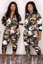 Africa Gold and Black Retro Print Long Sleeve Tracksuit