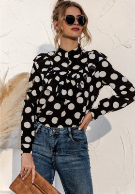 Elegant Long Sleeve Polka Print Ruffle Blouse