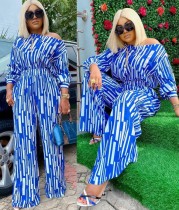 Plus Size White and Blue Stripes Formal Loose Jumpsuit