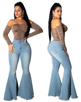 Blue Washed Bell Bottom High Waist Jeans