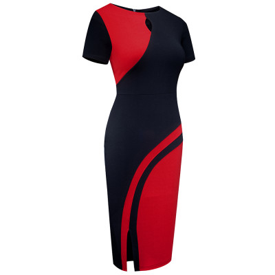 Contrast O-Neck Slit Keyhole Midi Dress with Short Sleeves