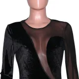 Black Sexy Mesh Patch Long Sleeve See Through Jumpsuit