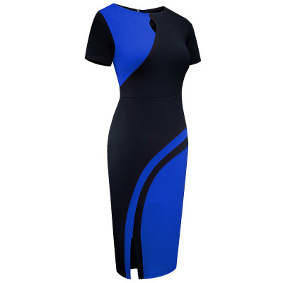 Contrast O-Neck Slit Keyhole Midi Dress with Short Sleeves