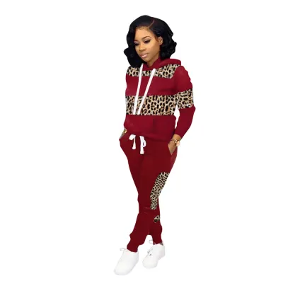 Long Sleeves Wide Stripes Leopard Hoody Sweat Suit