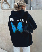 Street Style Black Print Back Long Hoody Top