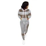 Long Sleeves Wide Stripes Leopard Hoody Sweat Suit
