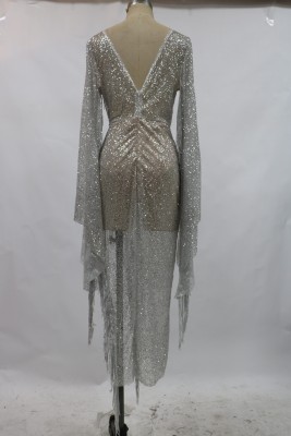 Formal Sequins Deep-V Long Sleeve Slit Evening Dress