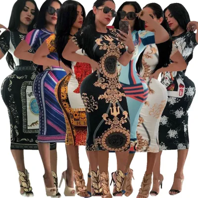 Party Short Sleeve Retro Print Midi Dress